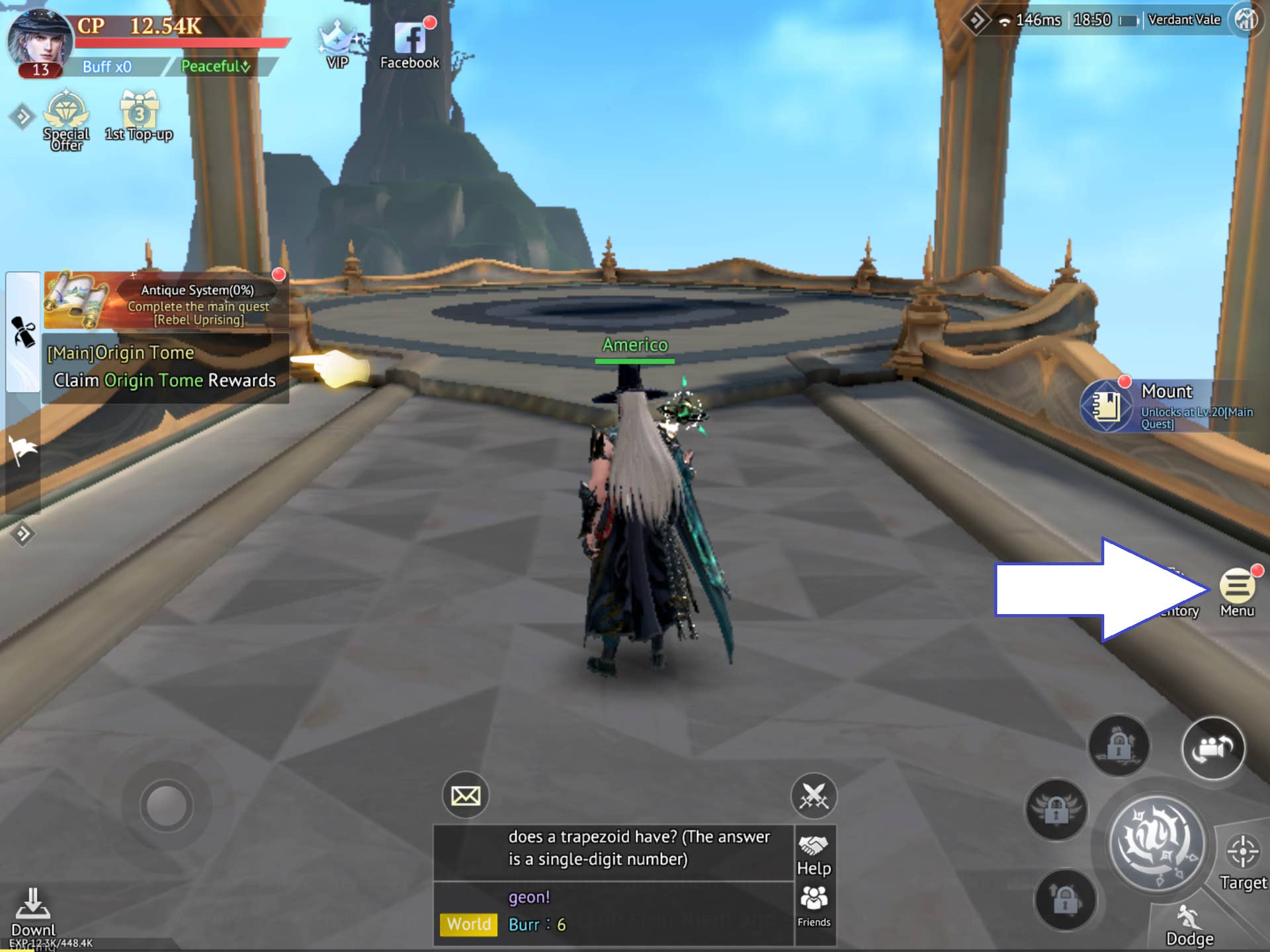 Скриншот Abyss: Chosen Heirs, показывающий кнопку меню игры.