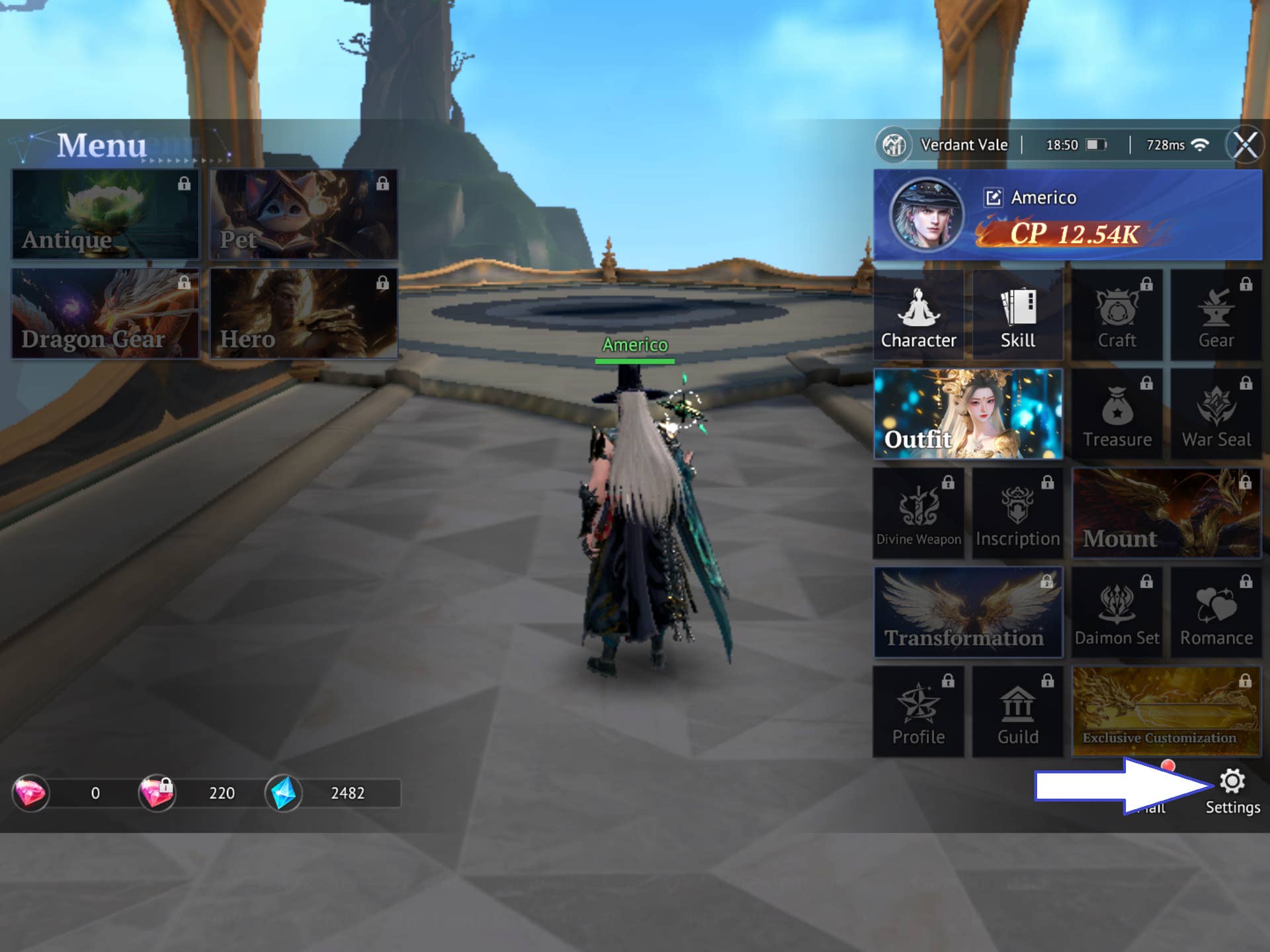 Скриншот Abyss: Chosen Heirs, показывающий кнопку настроек игры.