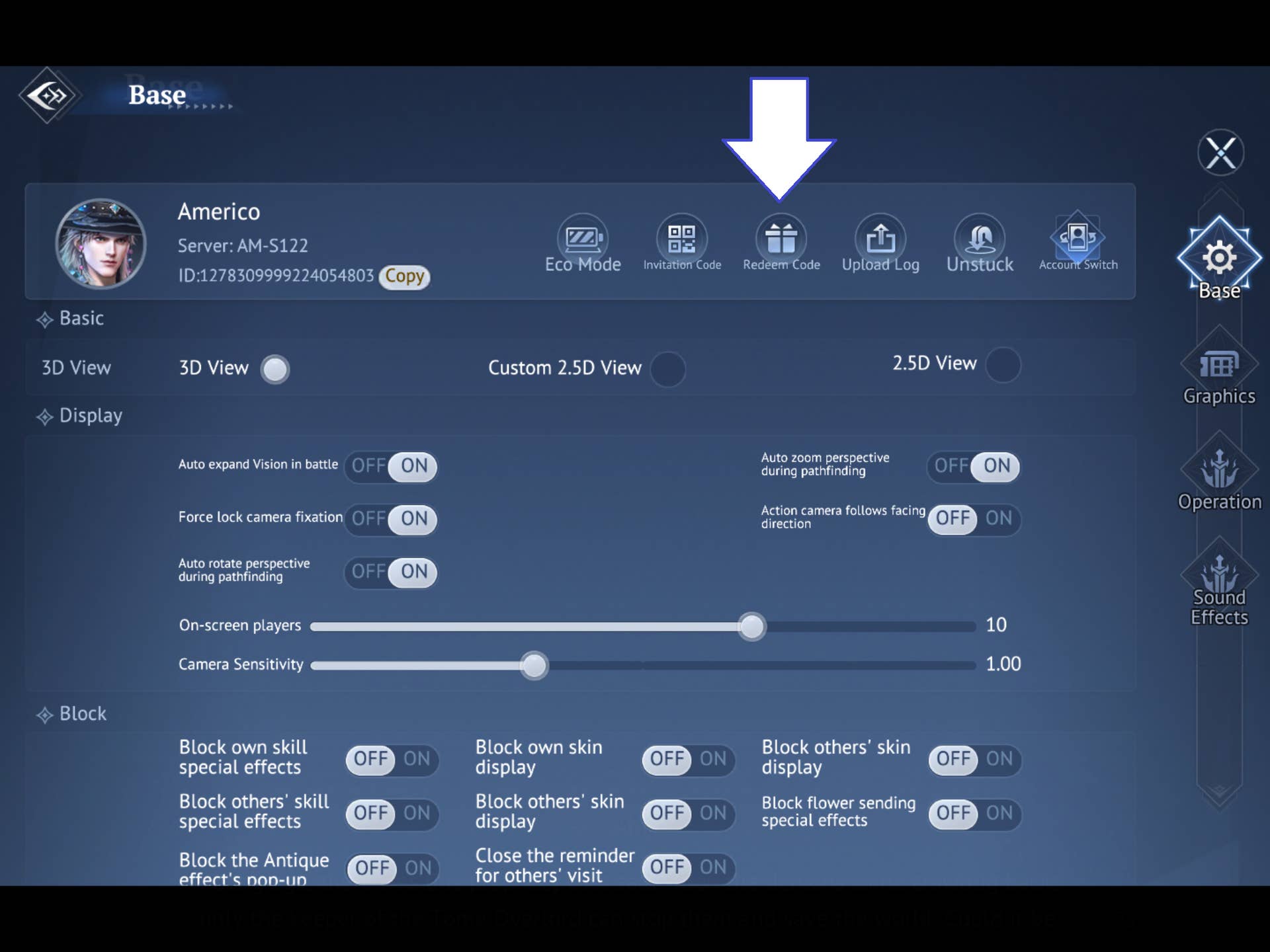 Скриншот Abyss: Chosen Heirs, показывающий кнопку кодов игры.