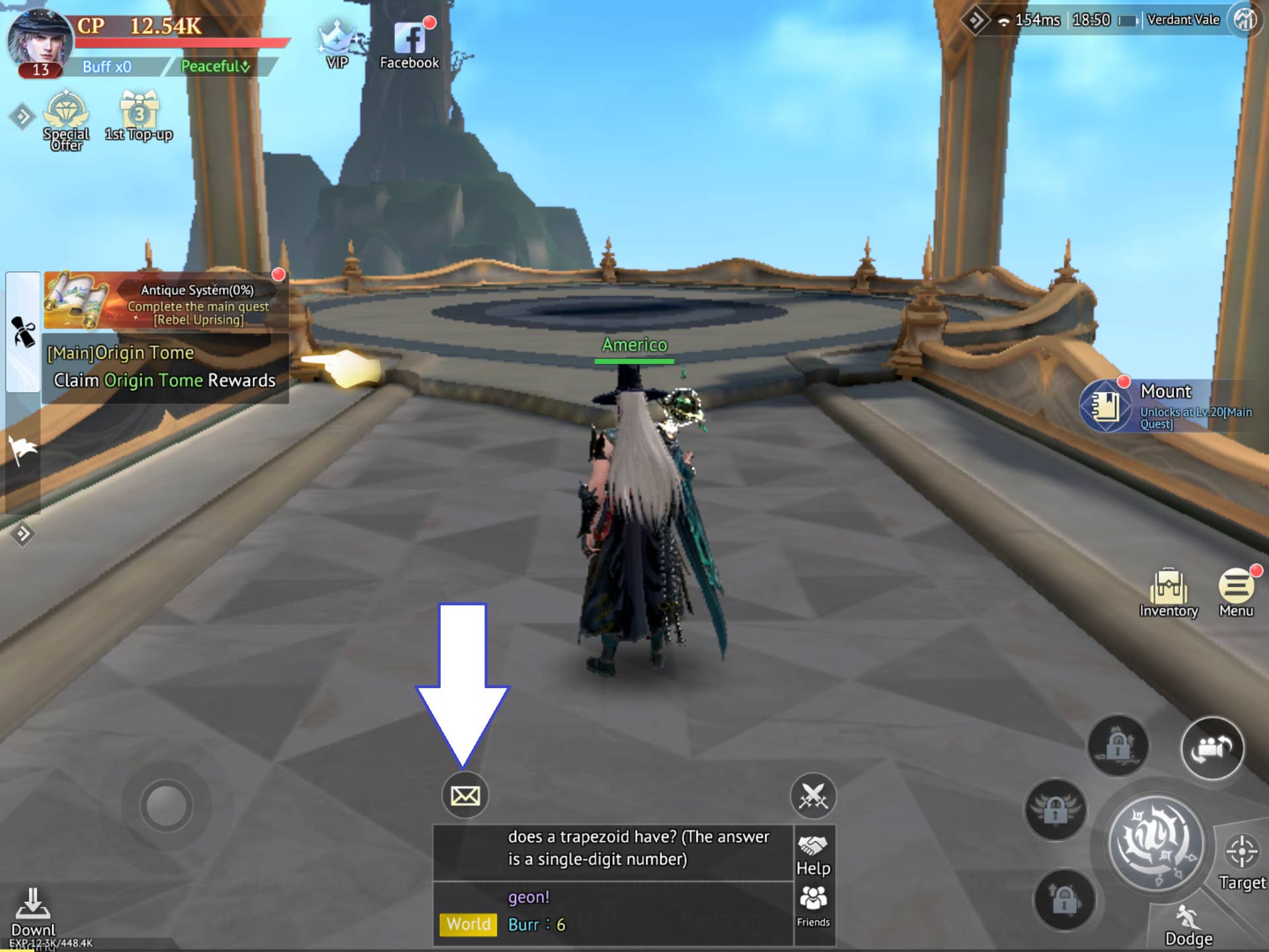 Скриншот Abyss: Chosen Heirs, показывающий кнопку почтового ящика игры.