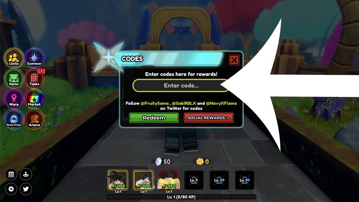 Стрелка указывающая на меню кодов в Roblox-игре All Star Tower Defense X.