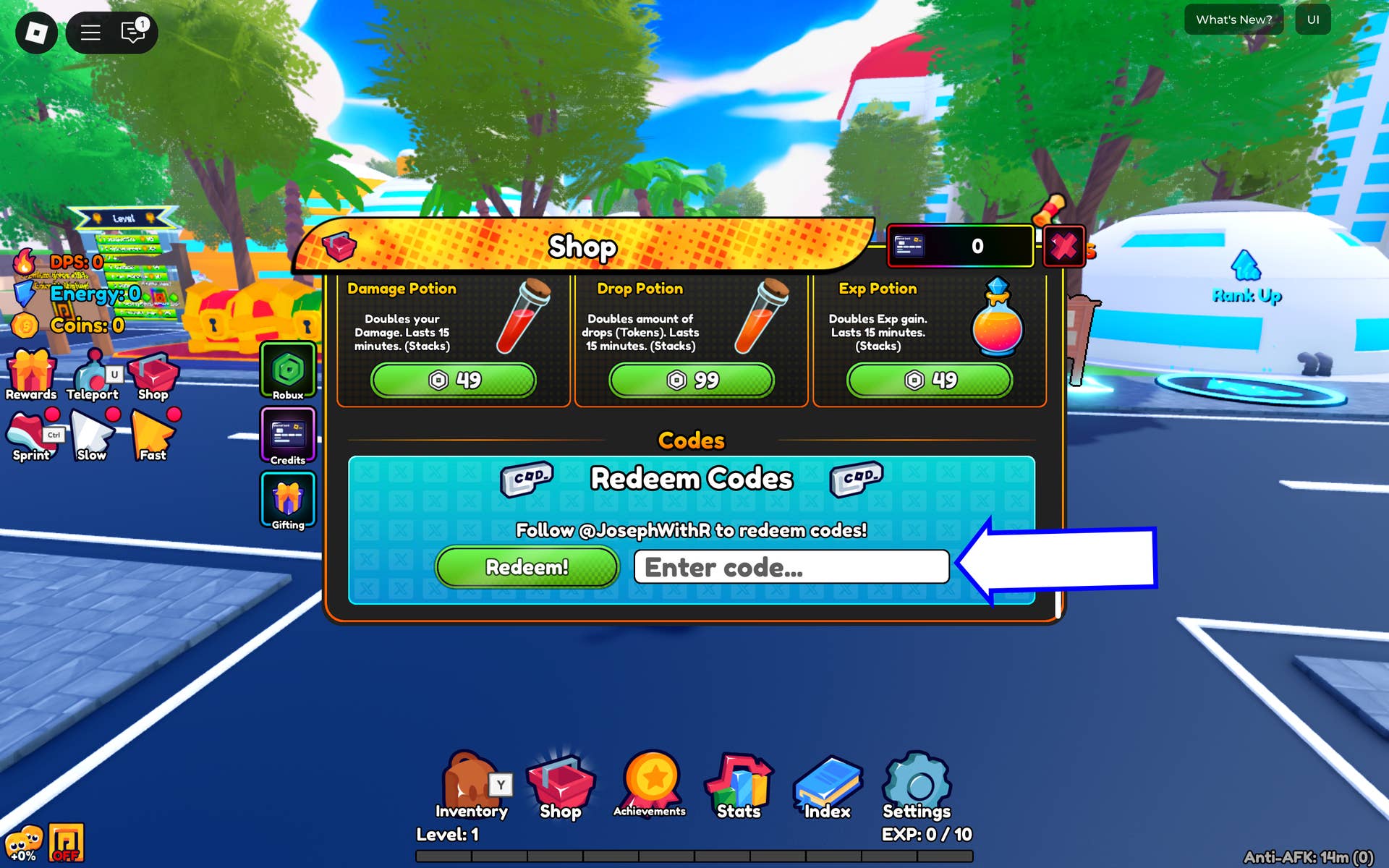 Скриншот Anime Eternal в Roblox, показывающий поле для ввода кодов.