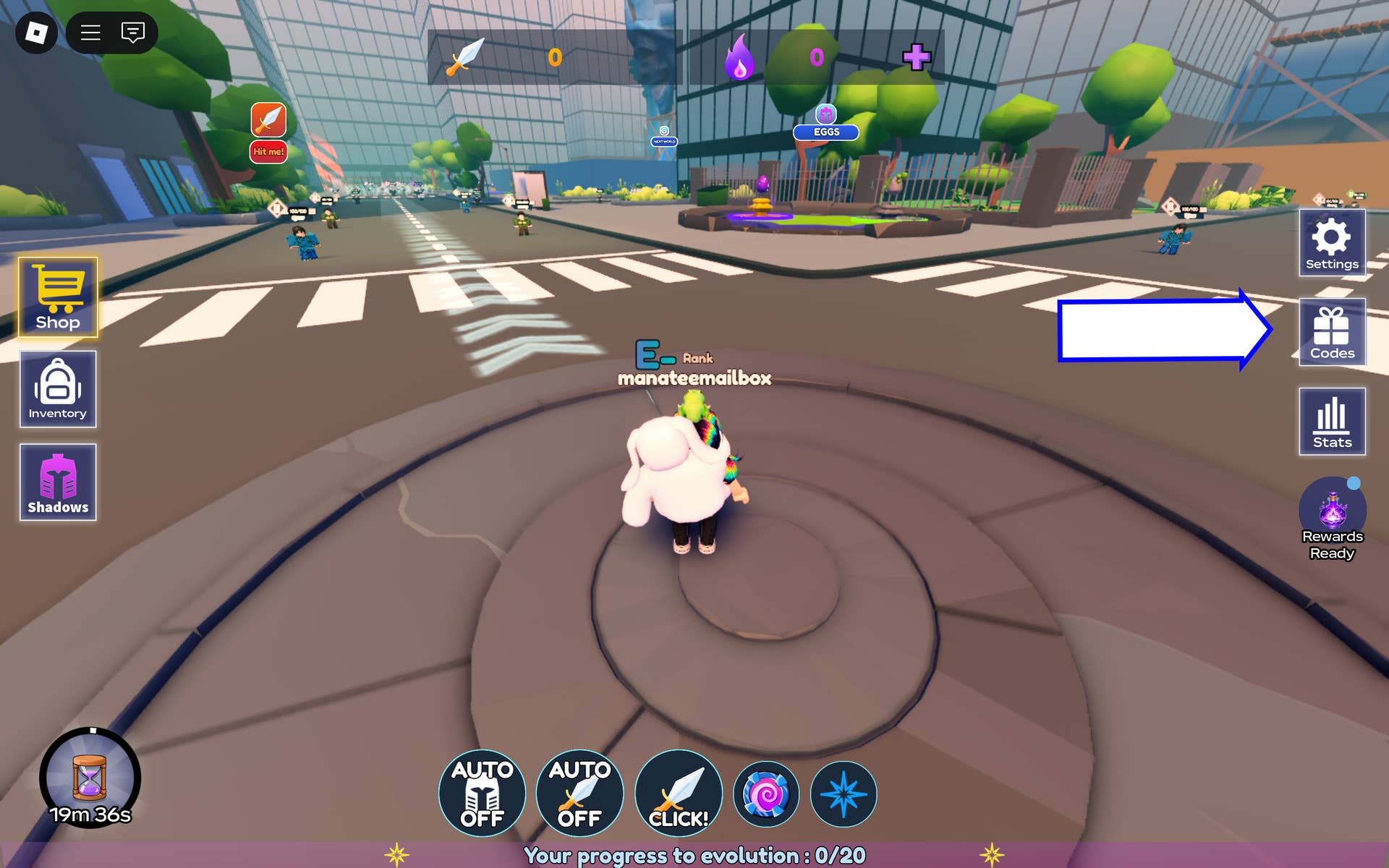 Скриншот Anime Evolution в Roblox, показывающий кнопку кодов в игре.