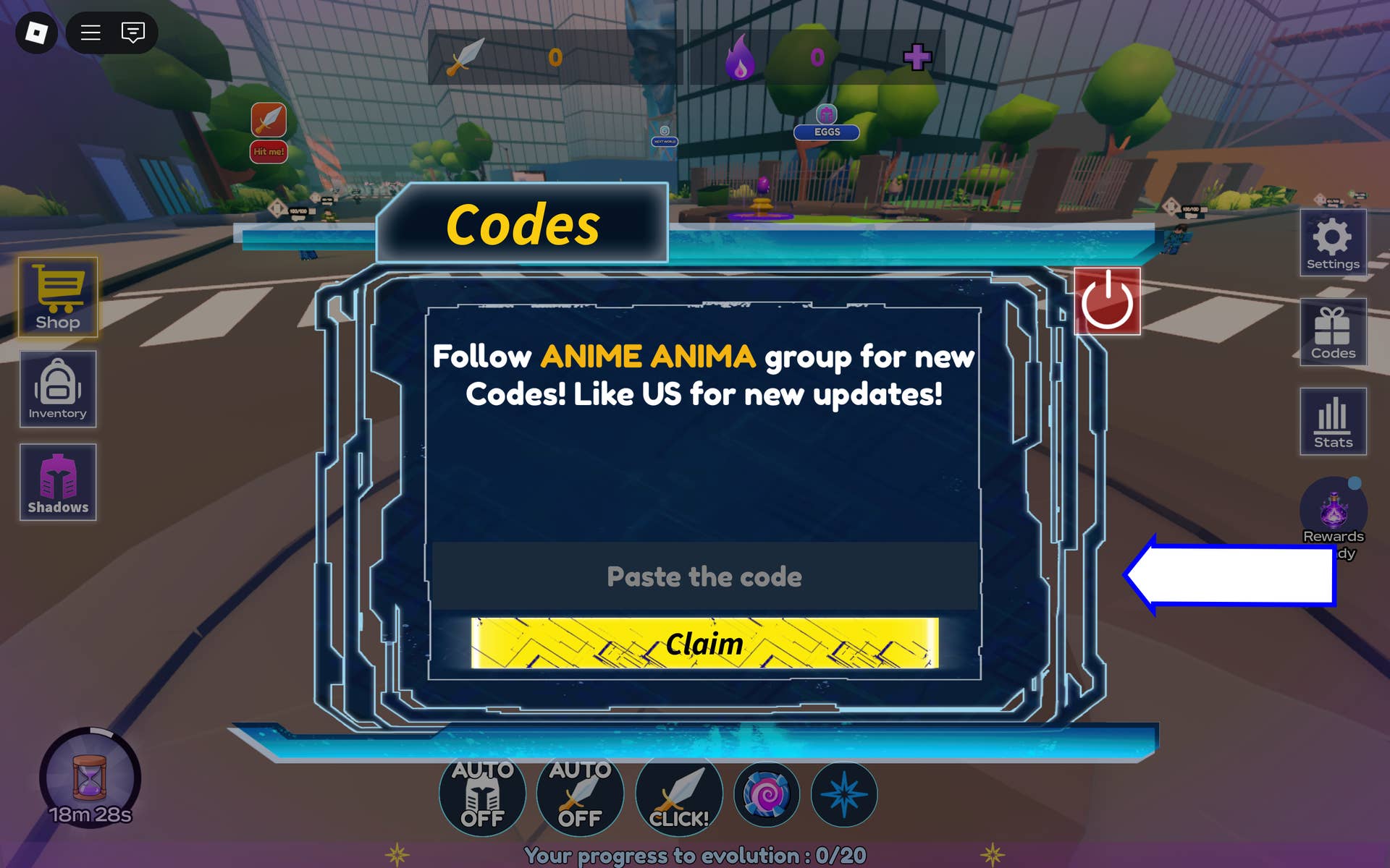 Скриншот Anime Evolution в Roblox, показывающий экран ввода кодов в игре.