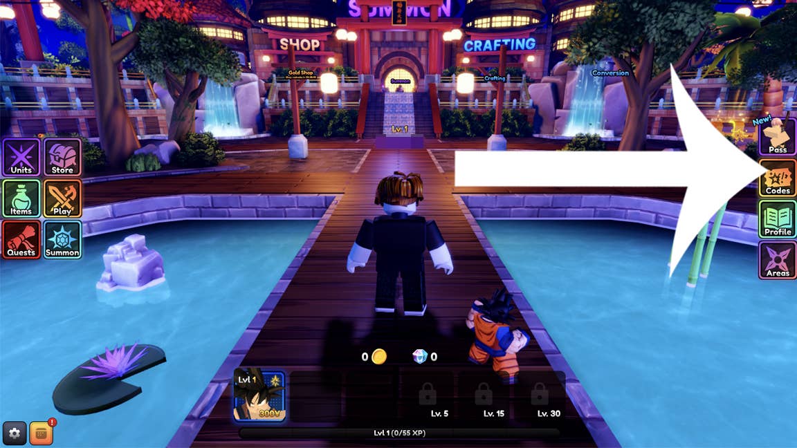 Стрелка, указывающая на кнопку кодов в игре Anime Final Strike для Roblox.