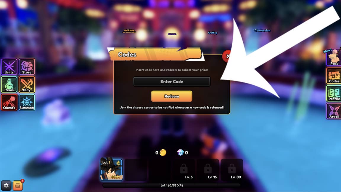 Стрелка, указывающая на меню кодов в игре Anime Final Strike для Roblox.