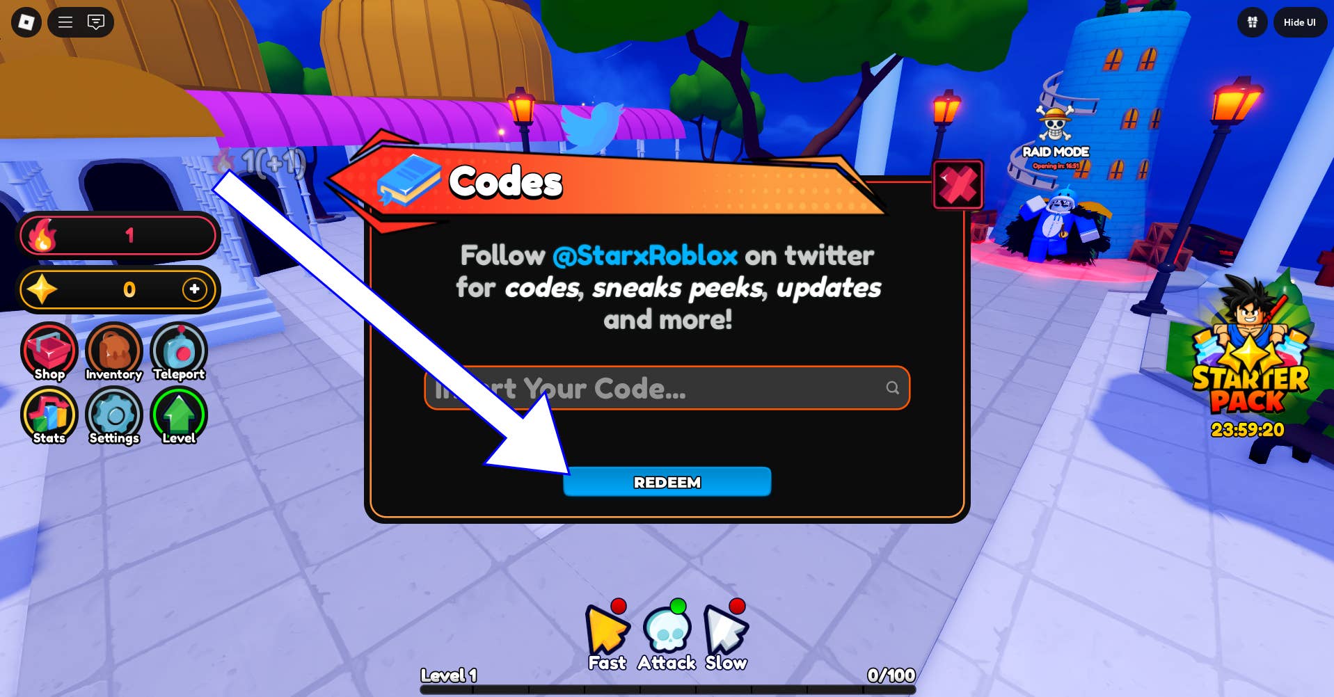 Окно ввода кодов в Anime Hunters.