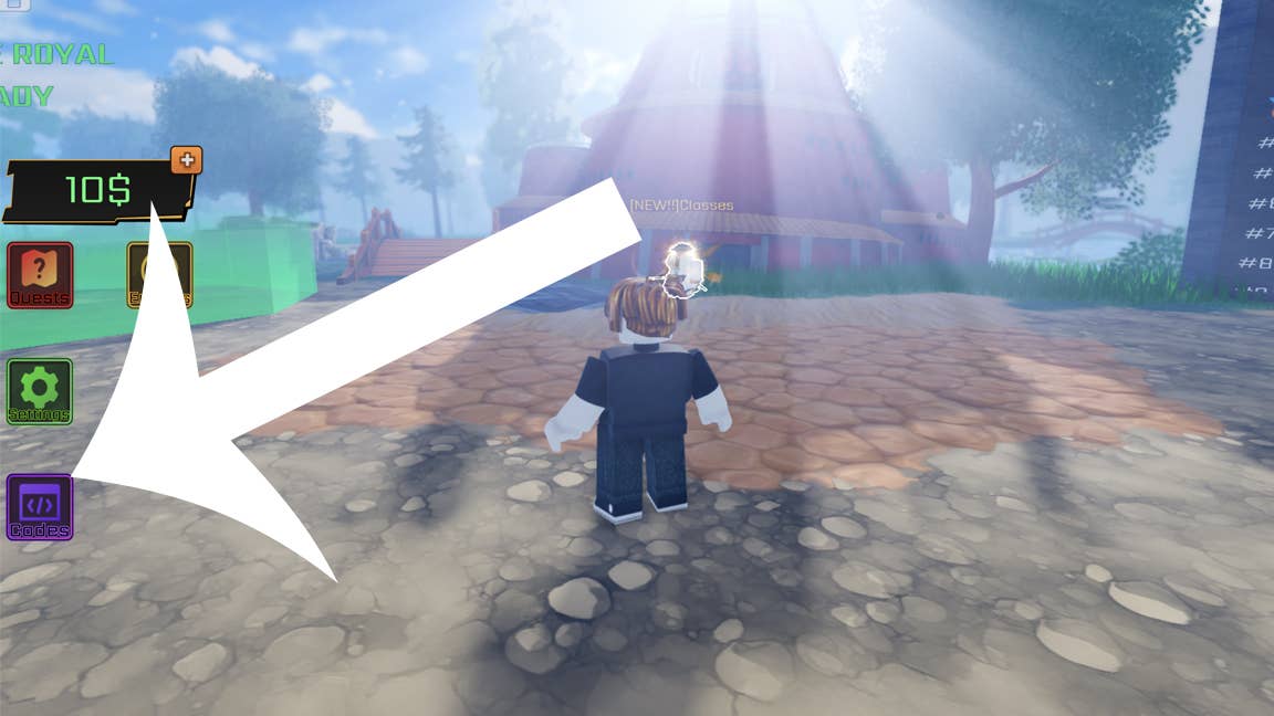 Стрелка, указывающая на кнопку кодов в игре Roblox Anime Rails.