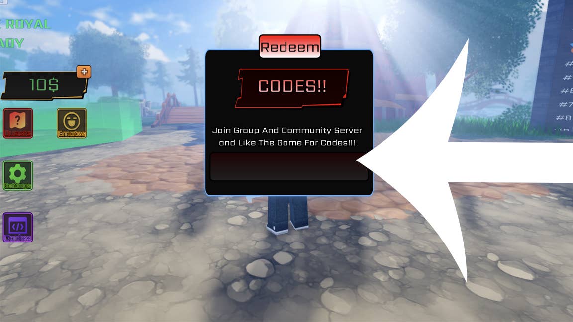 Стрелка, указывающая на меню кодов в игре Roblox Anime Rails.