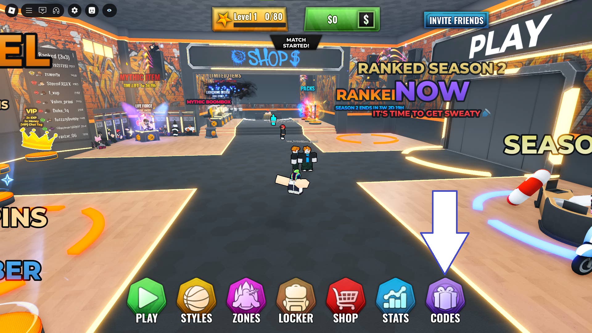 Скриншот Basketball Zero в Roblox, показывающий кнопку кодов игры.