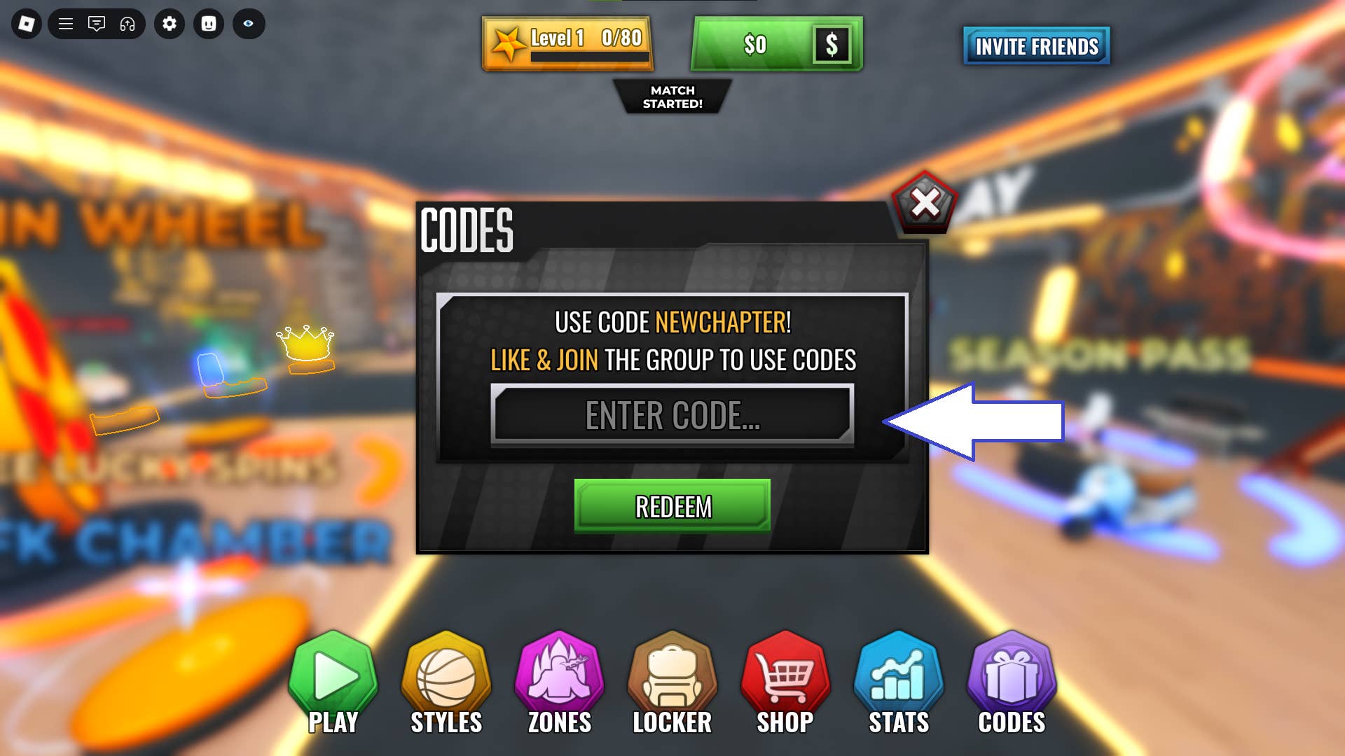 Скриншот Basketball Zero в Roblox, показывающий поле для ввода кода.