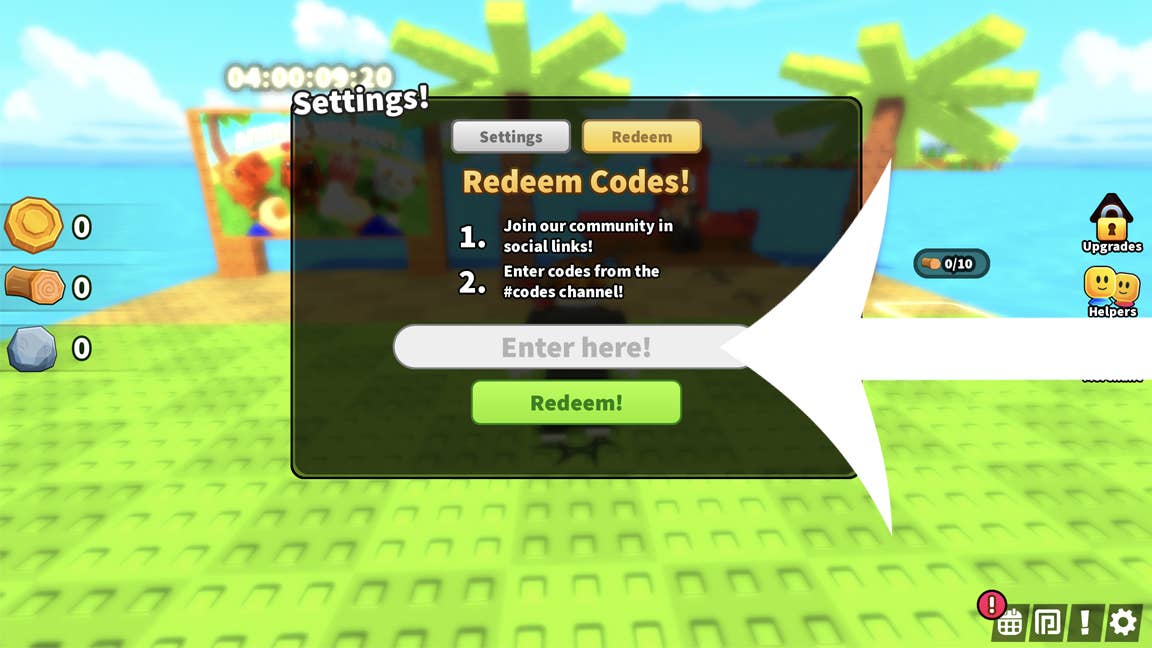 Стрелка, указывающая на меню ввода кодов в игре Build an Island в Roblox.
