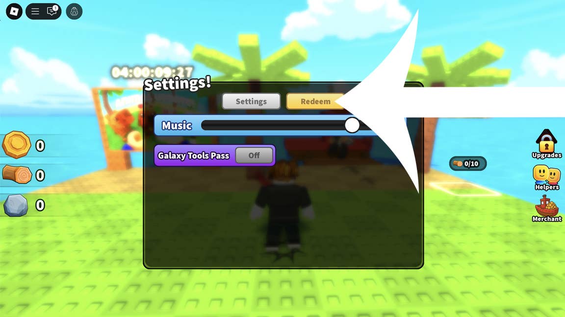 Стрелка, указывающая на кнопку активации в меню настроек в Build an Island.