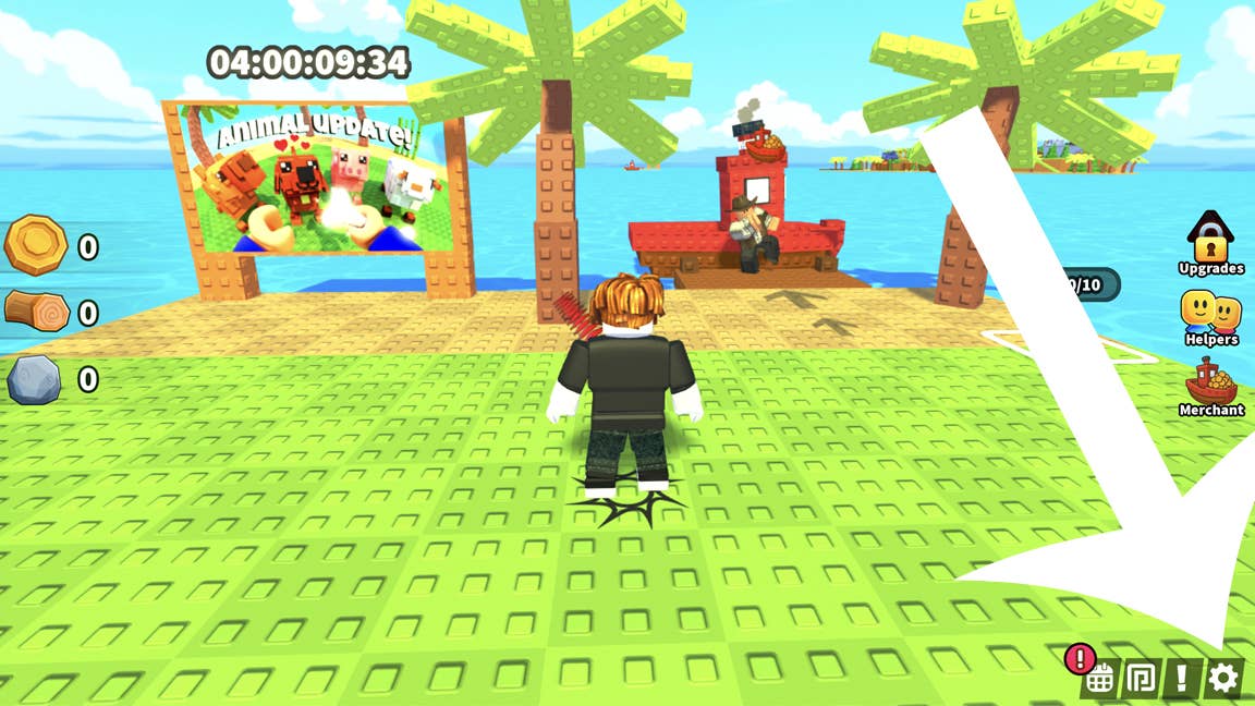 Стрелка, указывающая на кнопку настроек в игре Build an Island в Roblox.