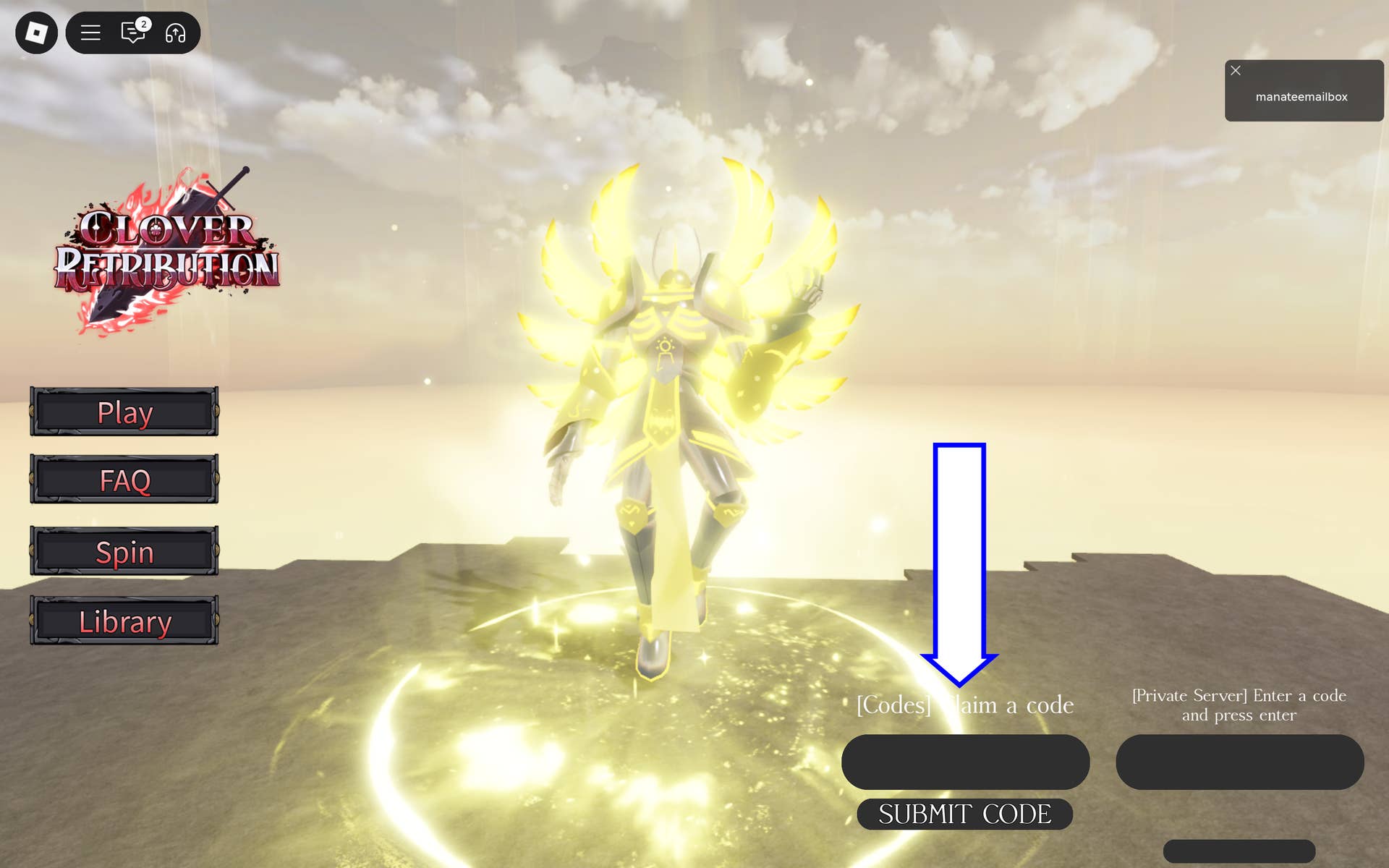 Скриншот Clover Retribution в Roblox, показывающий поле для кодов игры.