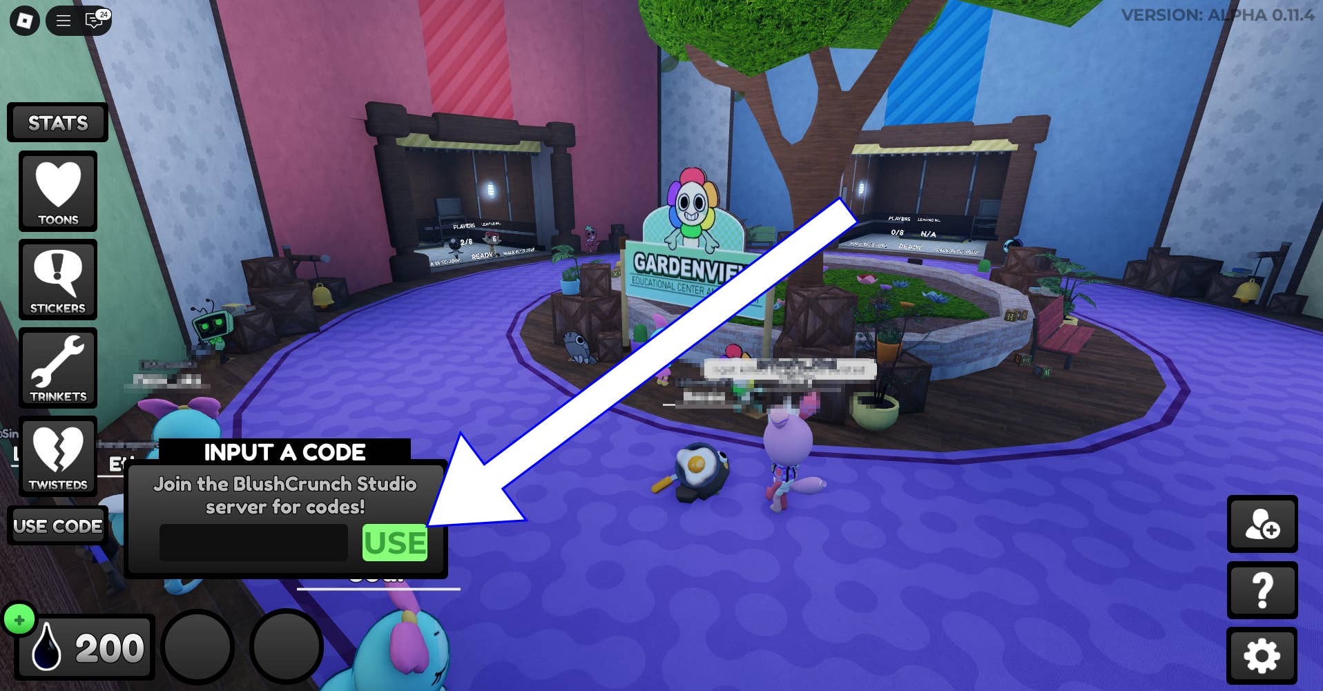 Стрелка, указывающая на поле активации промокодов в Dandy's World.