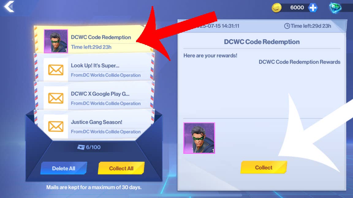 Стрелки указывают на кнопки, которые нужно нажать, чтобы получить награды от кодов в почтовом ящике в DC Worlds Collide.