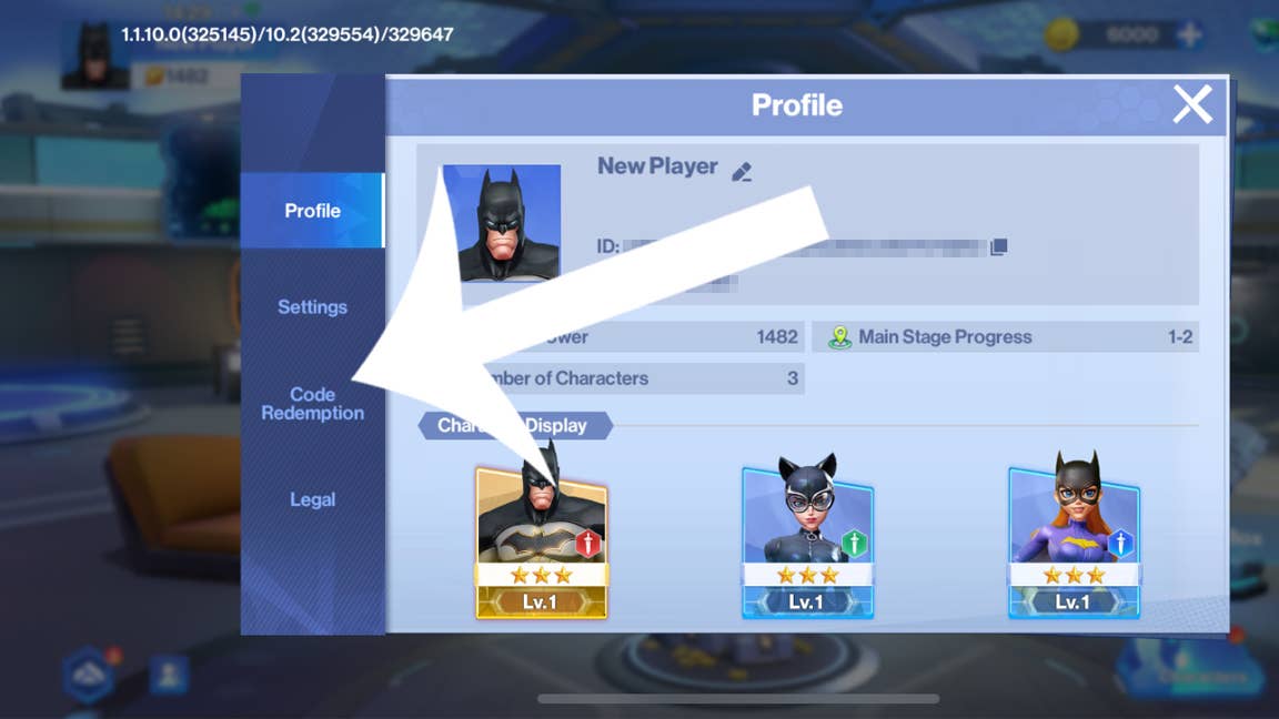 Кнопка ввода кода, которая появляется на экране профиля в DC Worlds Collide.