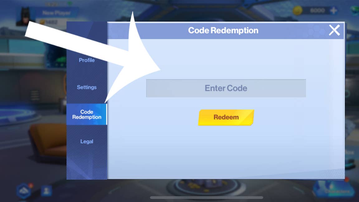 Меню, используемое для обмена кодов в DC Worlds Collide.