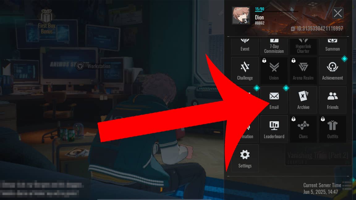 Стрелка, указывающая на кнопку для меню почты в Etheria Restart.
