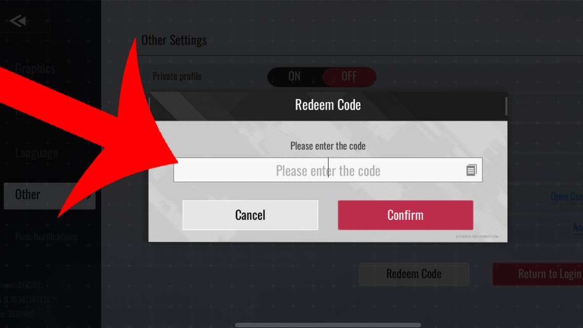Стрелка, указывающая на меню для ввода кодов в Etheria Restart.