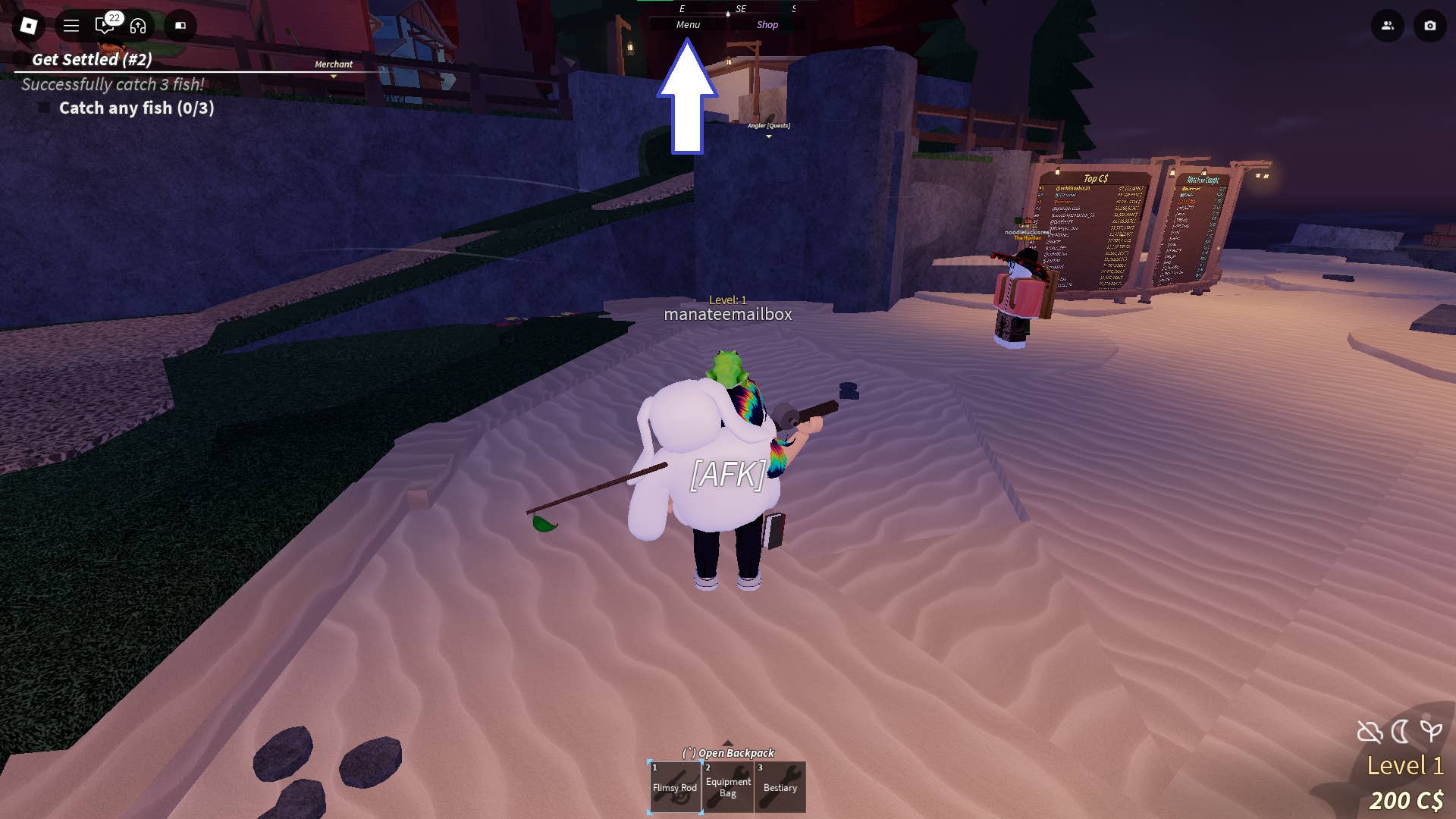 Скриншот Fisch в Roblox, показывающий кнопку меню игры.