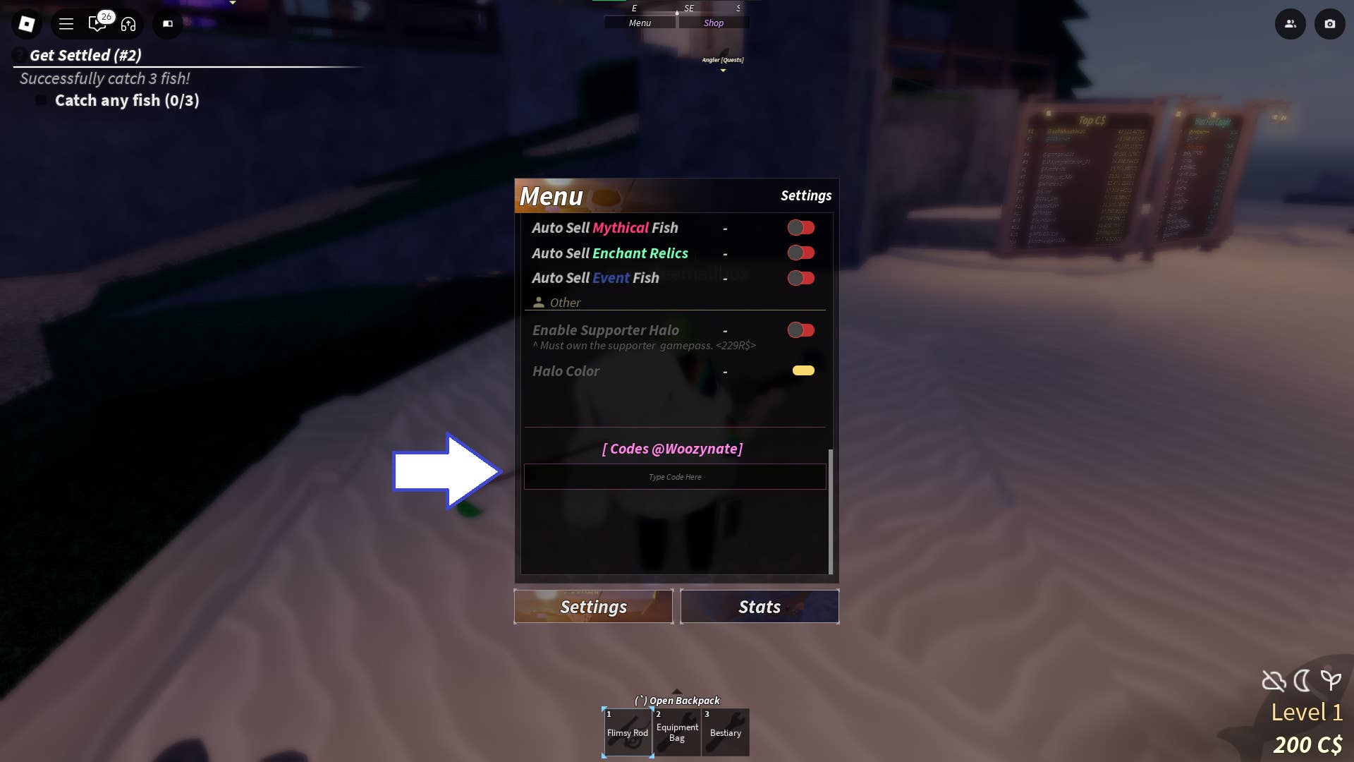 Скриншот Fisch в Roblox, показывающий поле для ввода кодов в игре.