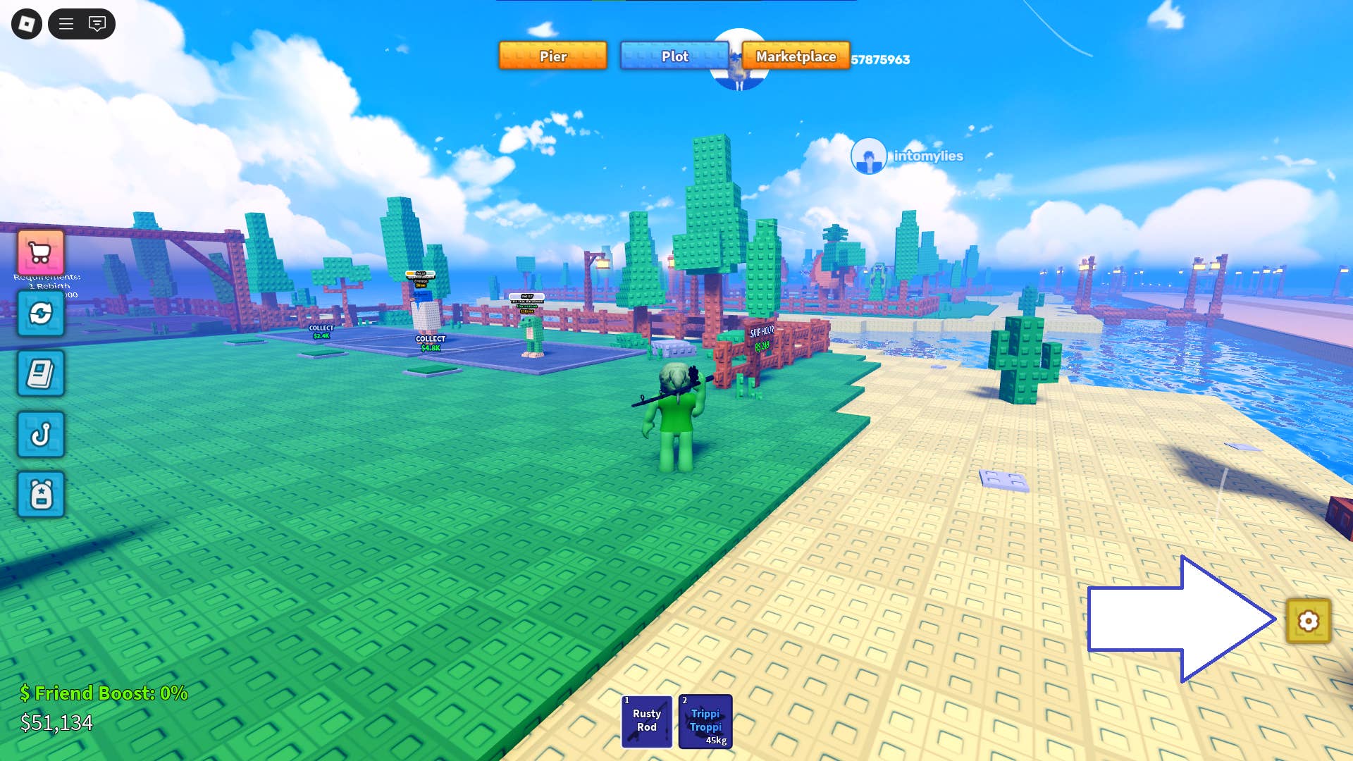 Скриншот Fish a Brainrot в Roblox, показывающий кнопку настроек игры.