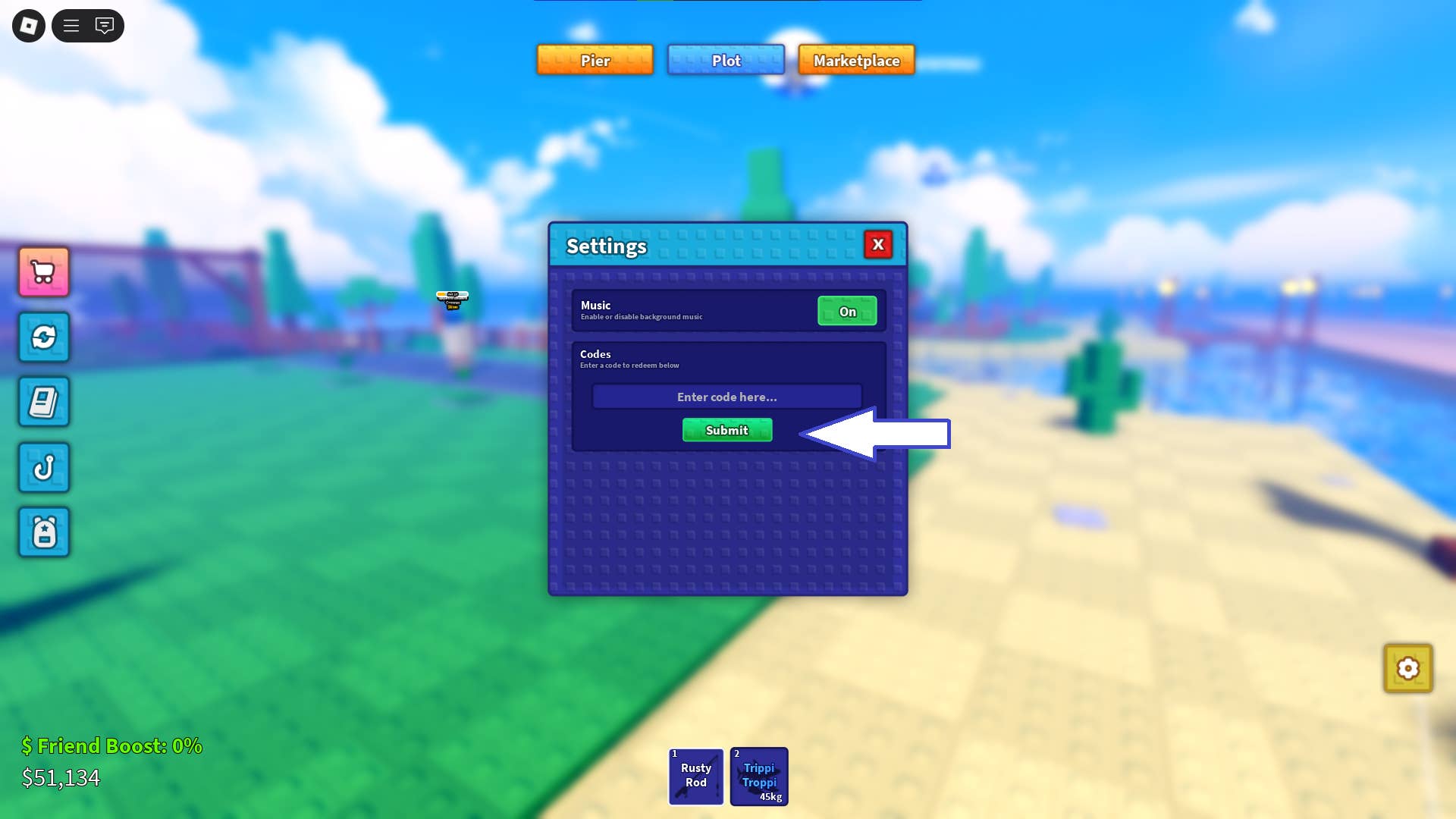 Скриншот Fish a Brainrot в Roblox, показывающий поле для ввода кодов.