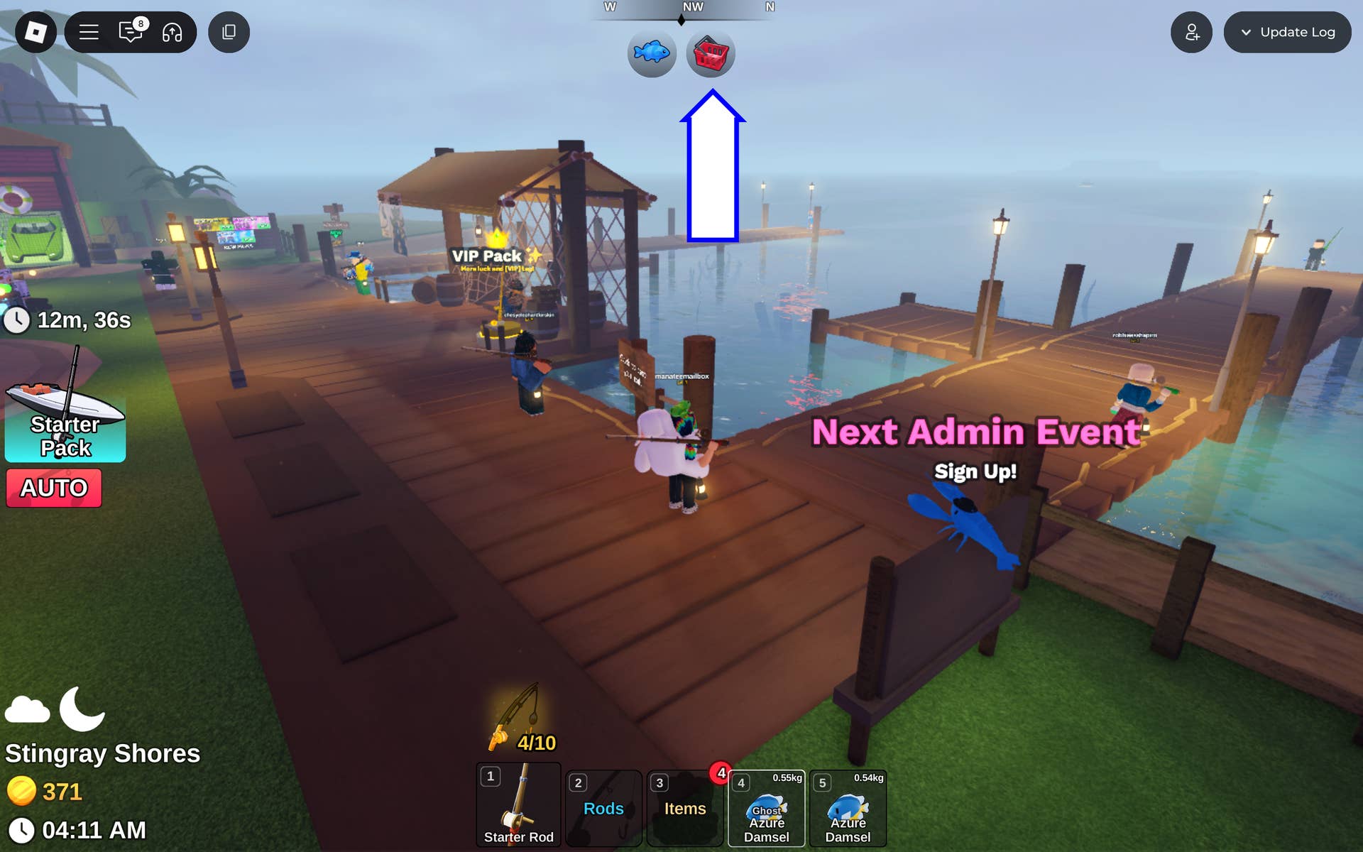 Скриншот Fish It! в Roblox, показывающий кнопку магазина в игре.