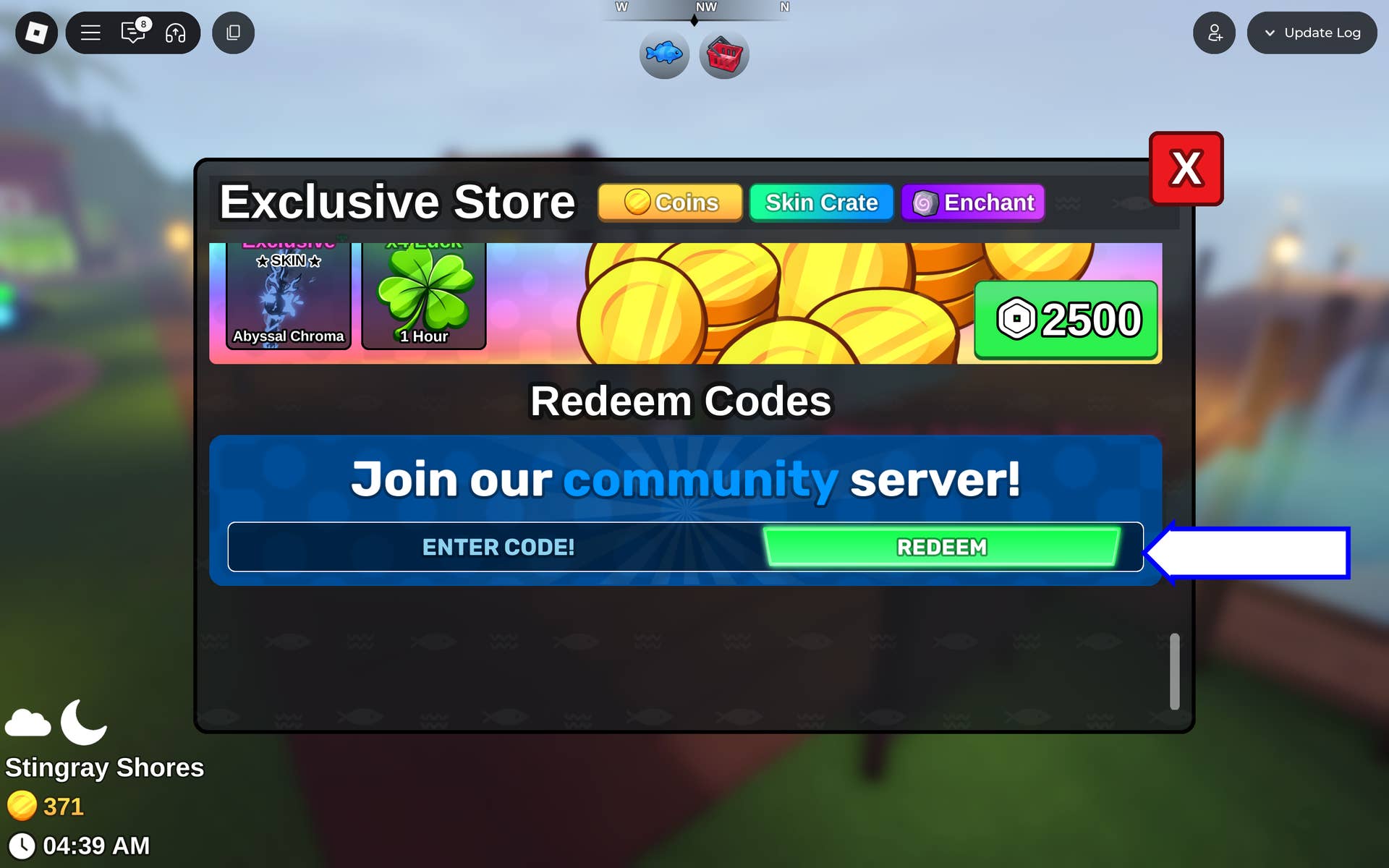 Скриншот Fish It! в Roblox, показывающий поле для ввода кодов в игре.