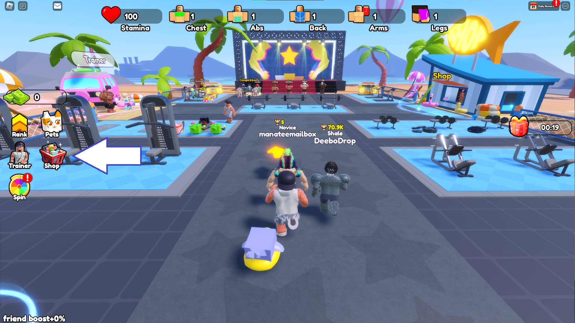 Скриншот из Gym Star Simulator в Roblox, показывающий кнопку магазина игры.