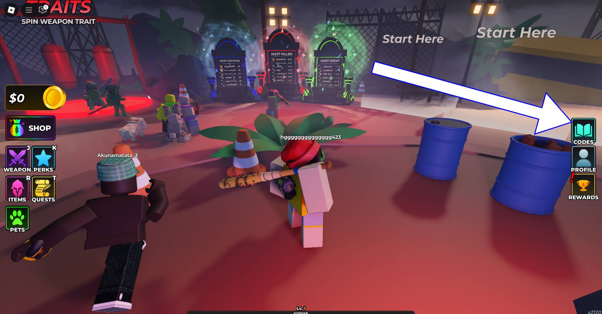 Кнопка «CODES» в Hunty Zombie.