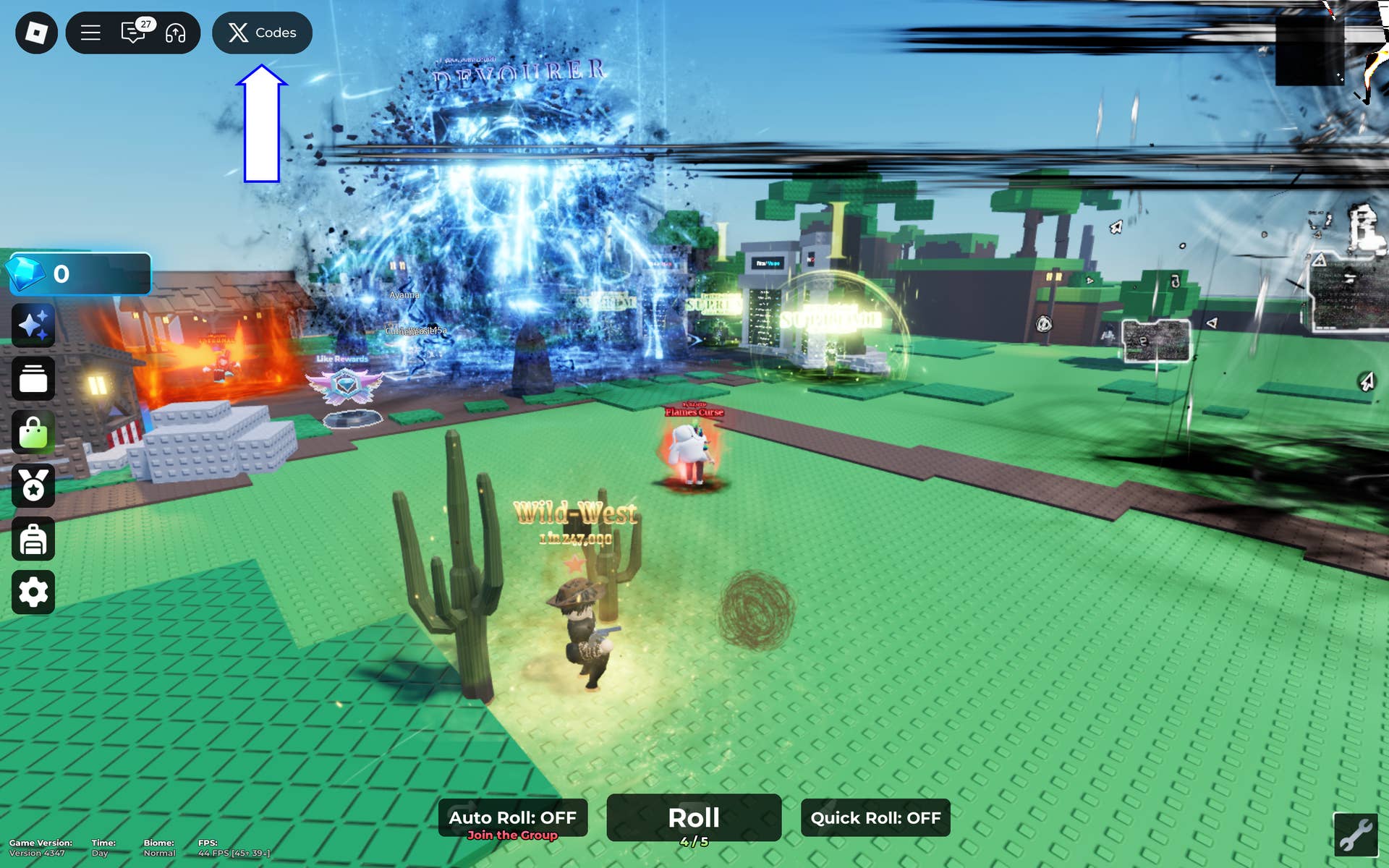 Скриншот Jules RNG в Roblox, показывающий кнопку кодов в игре.