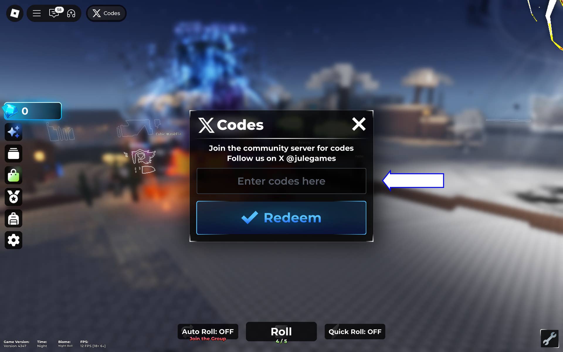 Скриншот Jules RNG в Roblox, показывающий экран кодов в игре.
