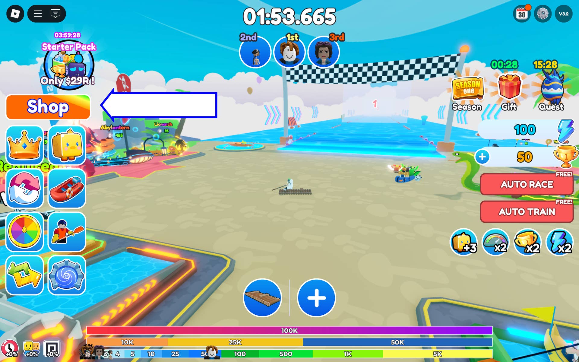 Скриншот игры Kayak Racing в Roblox, показывающий кнопку магазина.