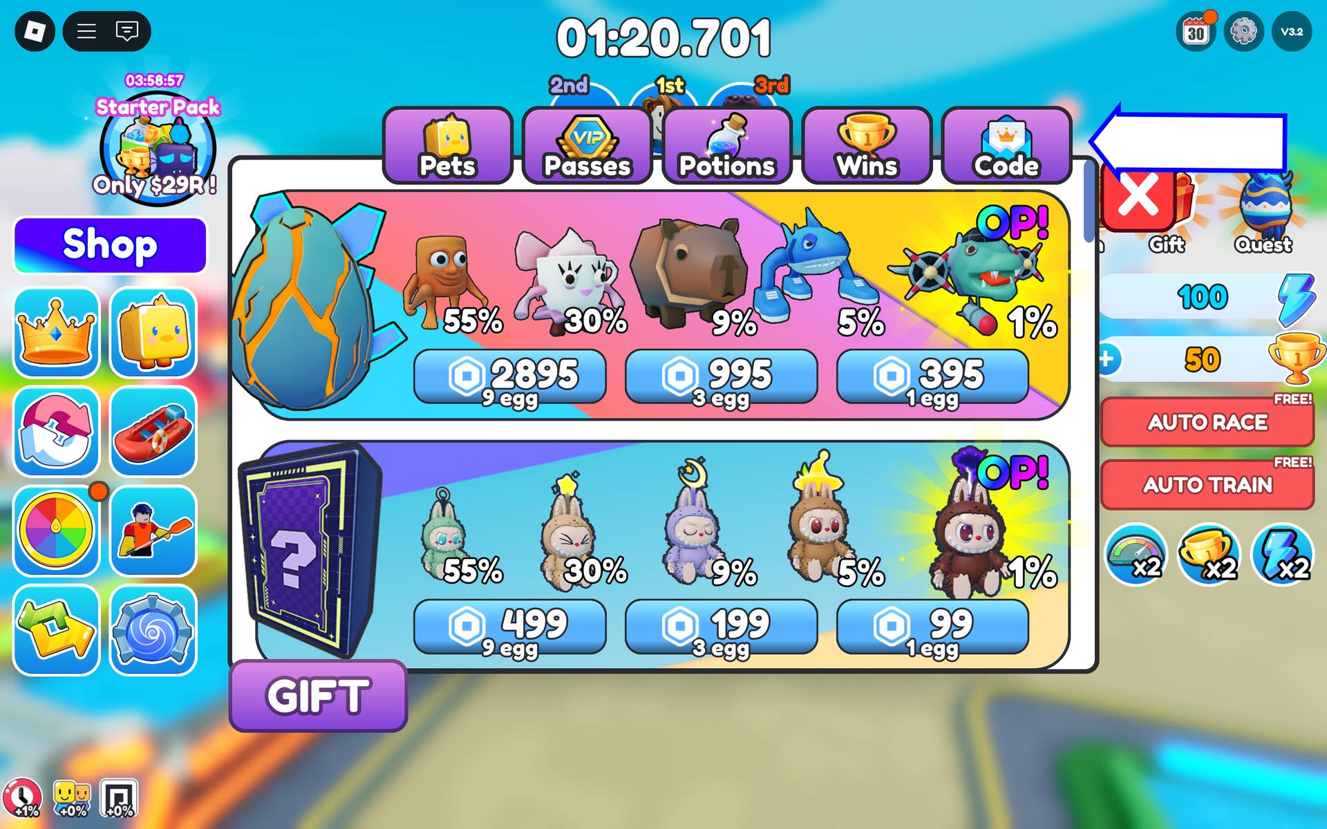 Скриншот игры Kayak Racing в Roblox, показывающий кнопку кодов.