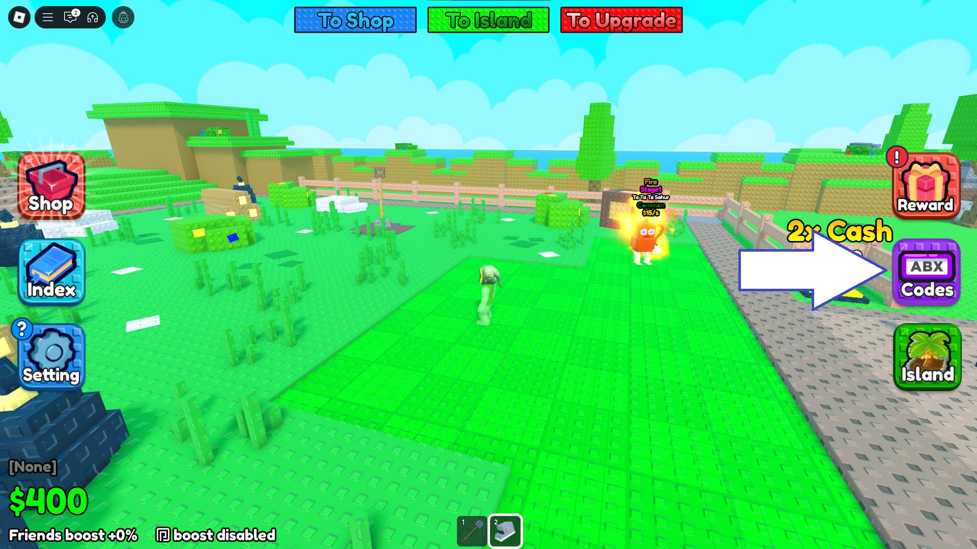 Скриншот Kick a Brainrot в Roblox, показывающий кнопку кодов в игре.