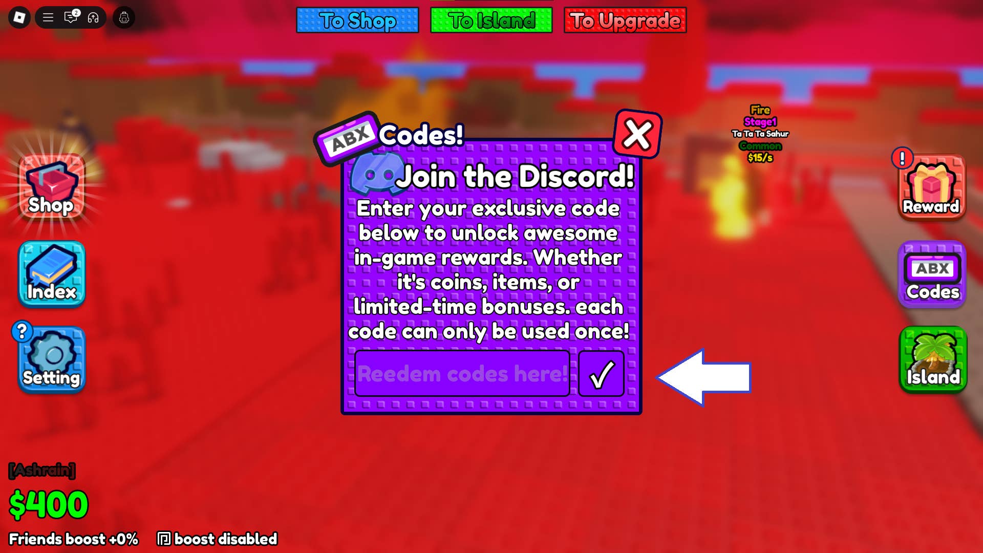 Скриншот Kick a Brainrot в Roblox, показывающий поле для ввода кодов в игре.