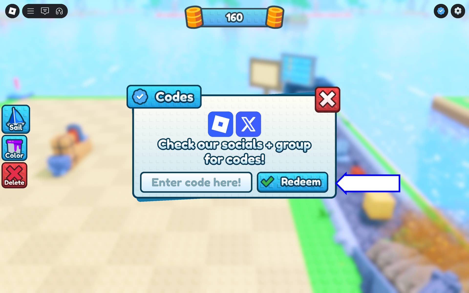 Скриншот Make a Boat в Roblox, показывающий поле кодов в игре.