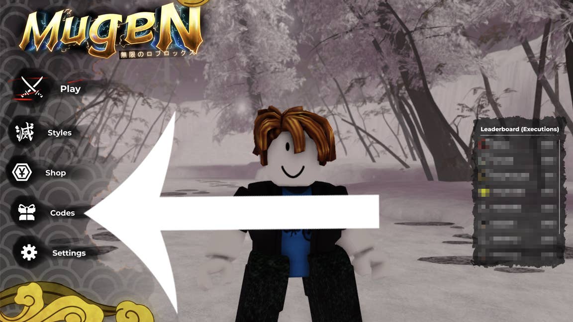 Стрелка указывает на опцию «Коды» в главном меню игры Mugen в Roblox.