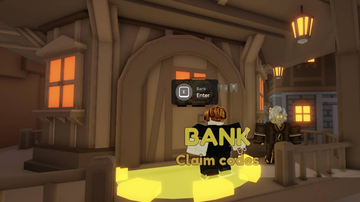 Персонаж Roblox рядом с Bank в Pixel Blade, с подсказкой нажать клавишу E, чтобы войти.