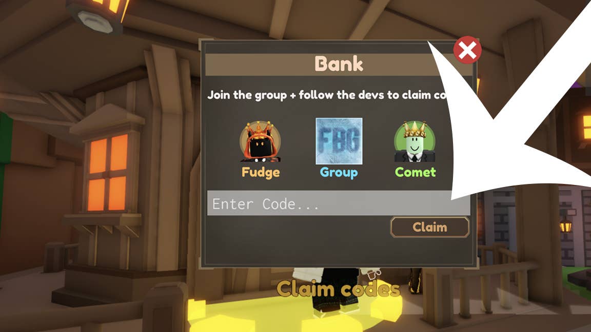 Стрелка, указывающая на меню кодов в Roblox-игре Pixel Blade.