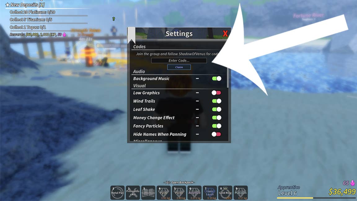 Стрелка указывает на меню кодов, которое является частью меню настроек в Roblox‑игре Prospecting.