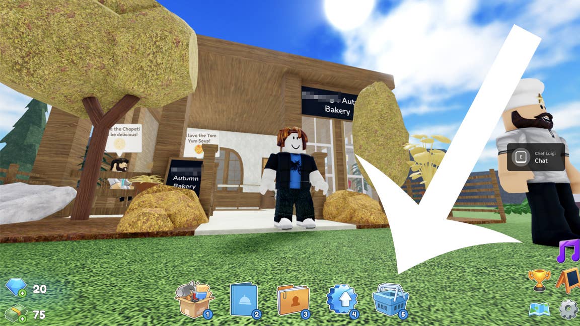 Стрелка, указывающая на кнопку магазина в игре Roblox Restaurant Tycoon 3.