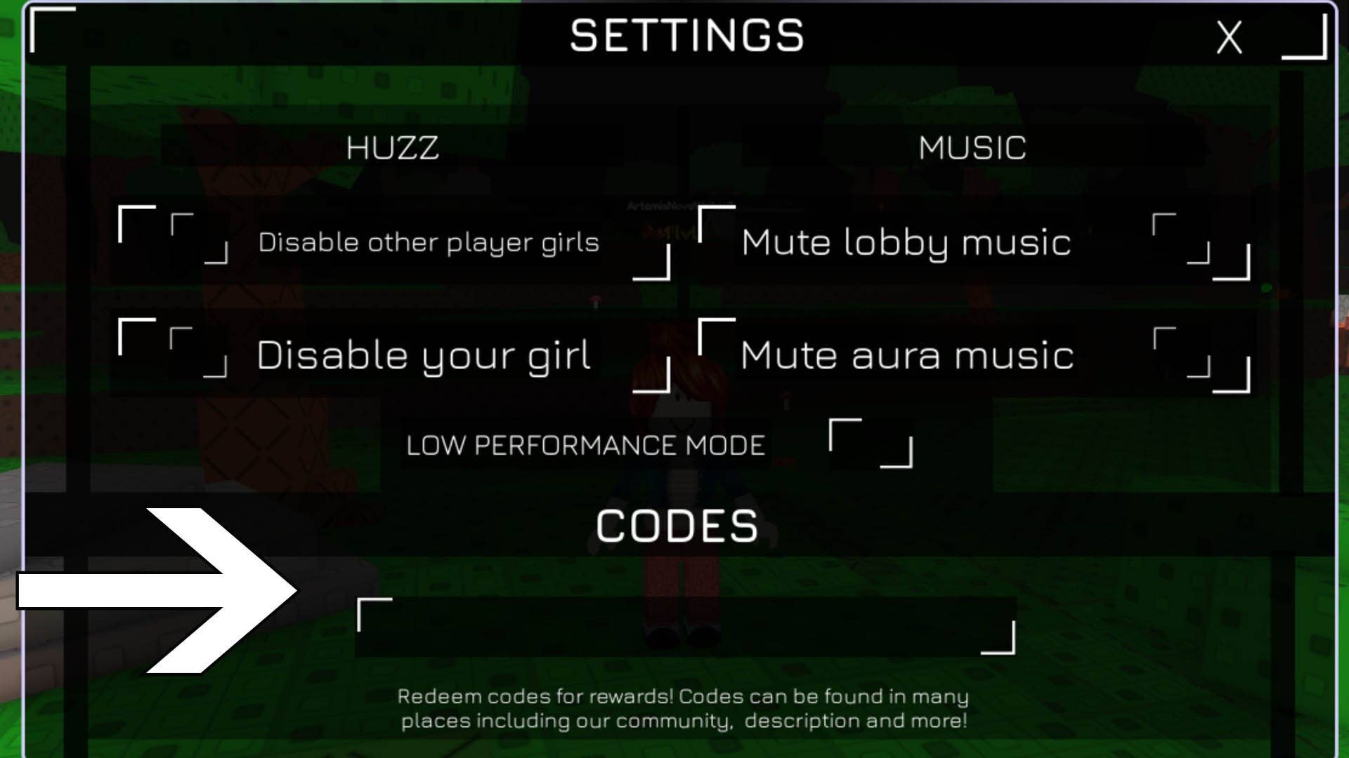 Стрелка, указывающая на поле ввода кода в меню настроек Roblox huzz rng