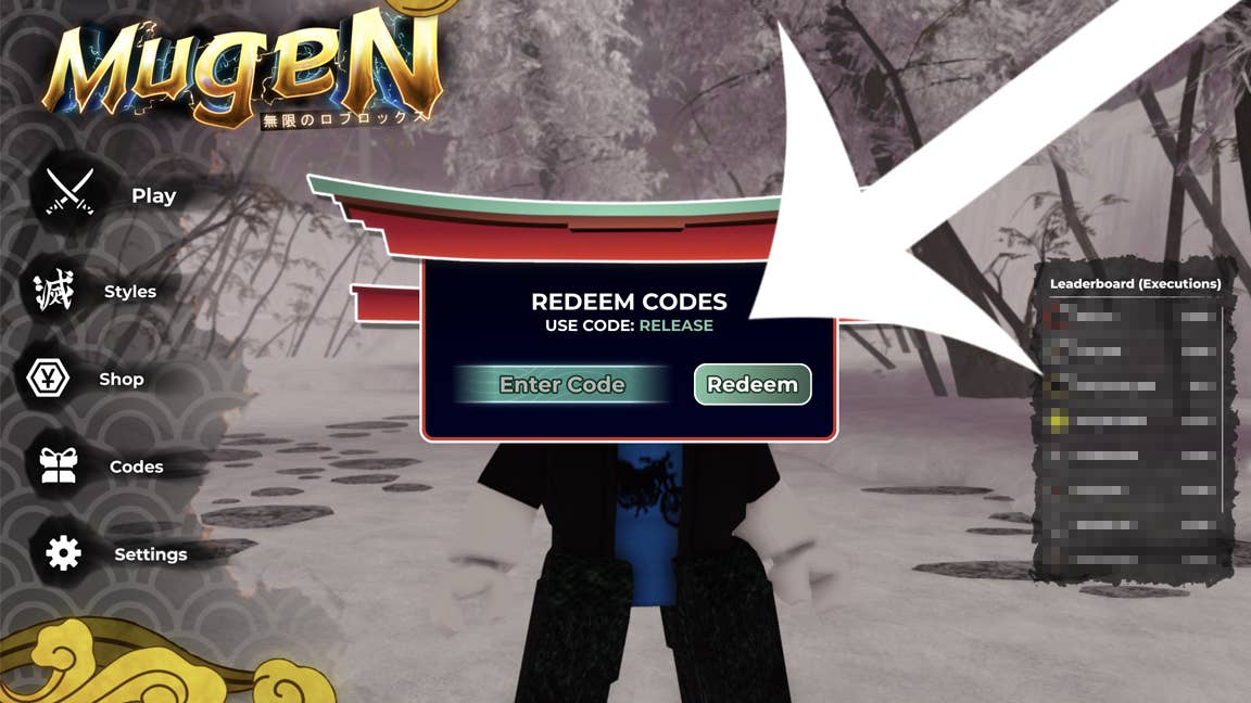 Стрелка указывает на меню кодов в вдохновлённой «Истребителем демонов» игре Mugen в Roblox.