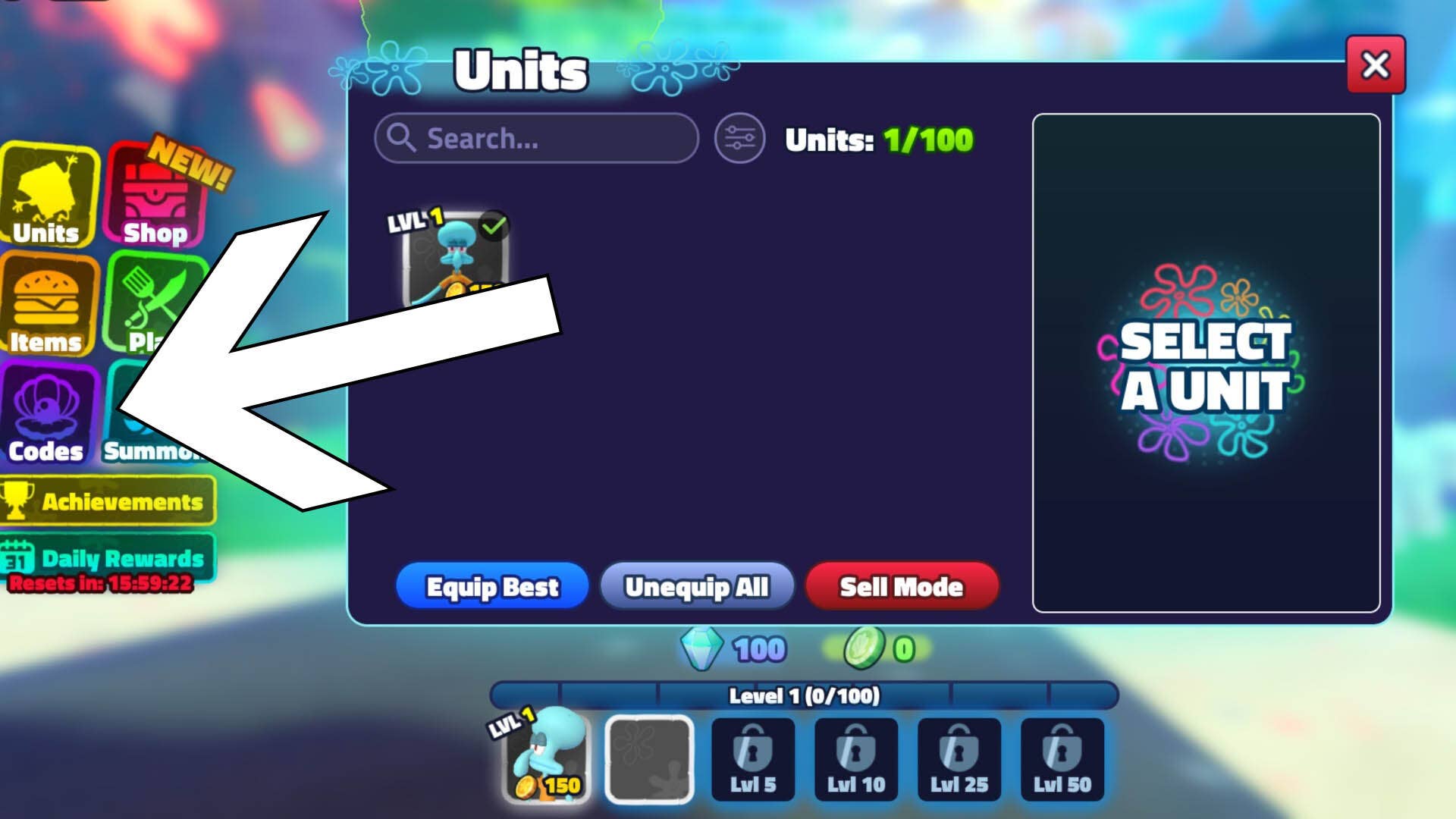 вариант меню с подсвеченной опцией кодов в Roblox SpongeBob Tower Defense