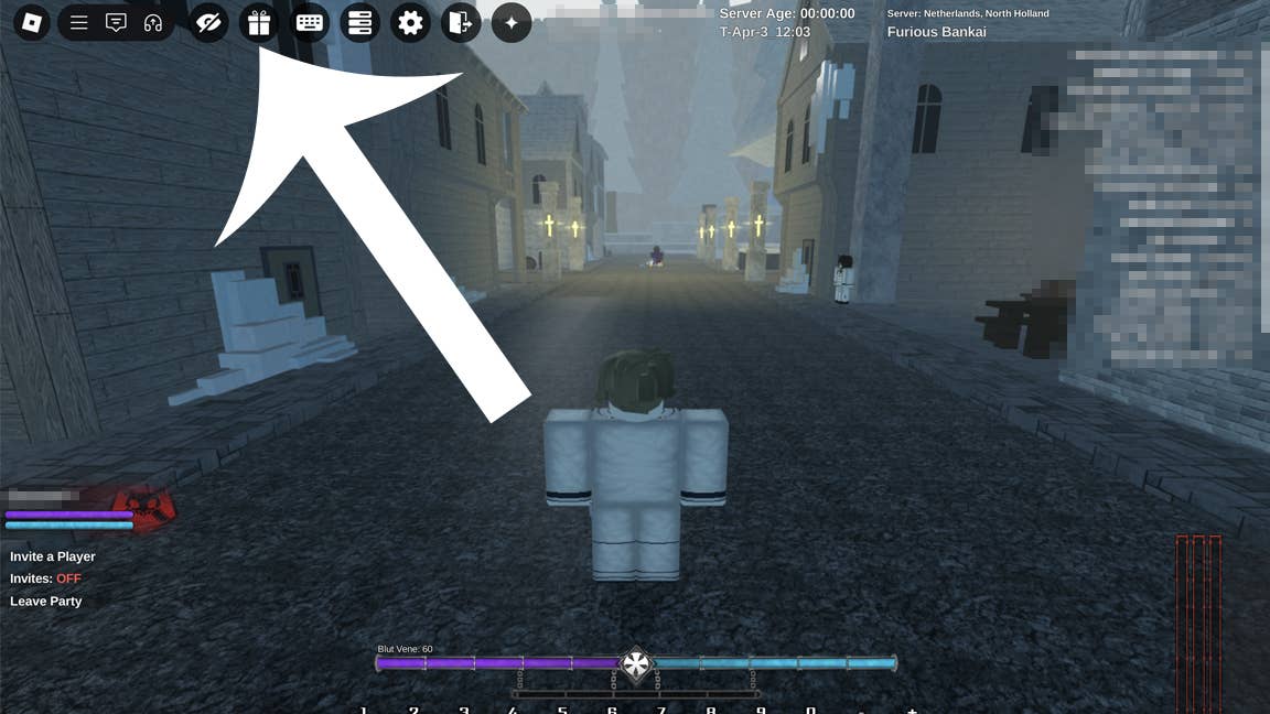 Стрелка, указывающая на кнопку кодов в Roblox-игре Type Soul.