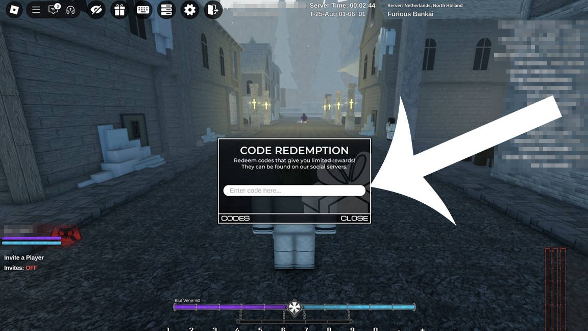 Стрелка, указывающая на меню кодов в Roblox-игре Type Soul.